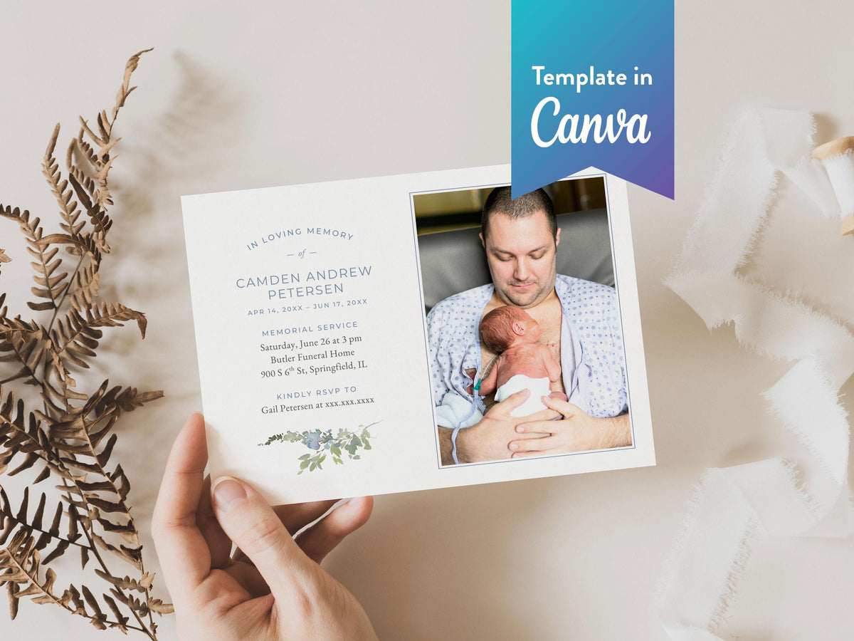 Blue Wildflower Infant Loss Memorial Invitation | Canva Template (7x5 in)