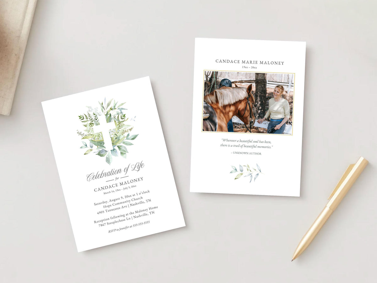 Greenery Cross Memorial Invitation | Canva Template (5x7 in)
