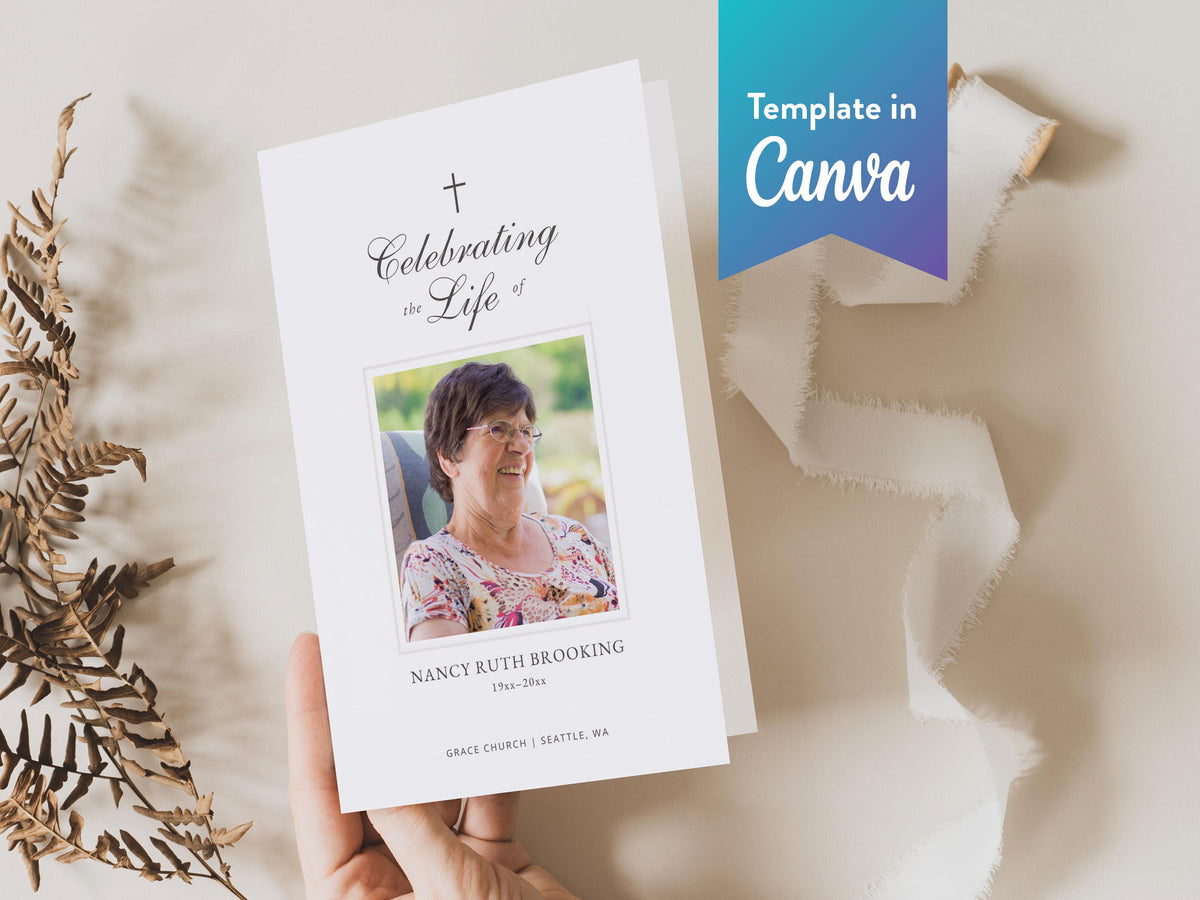 Simple Photo Collage Memorial Program | Canva Template (Folded 8.5x11 in, A4)