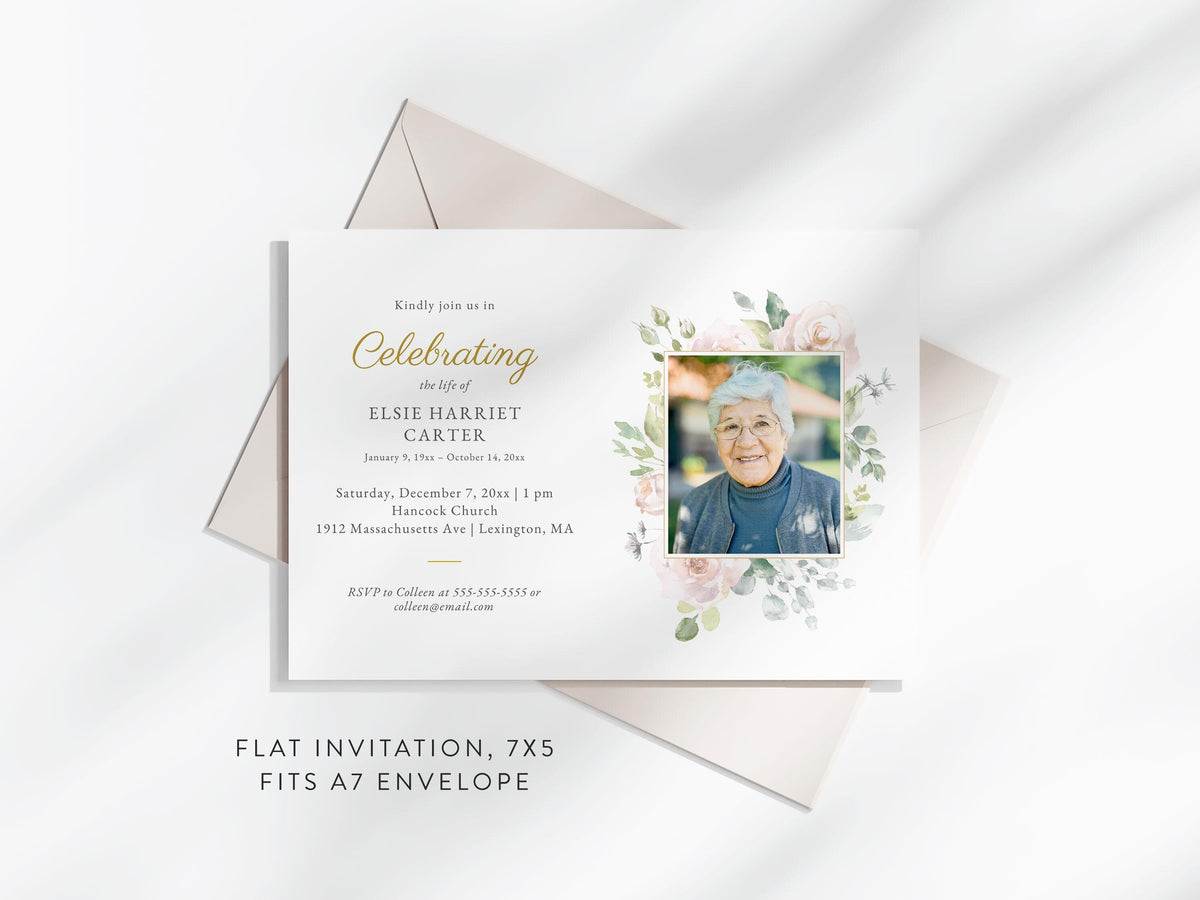 Floral Rose Memorial Invitation | Canva Template (7x5 in)
