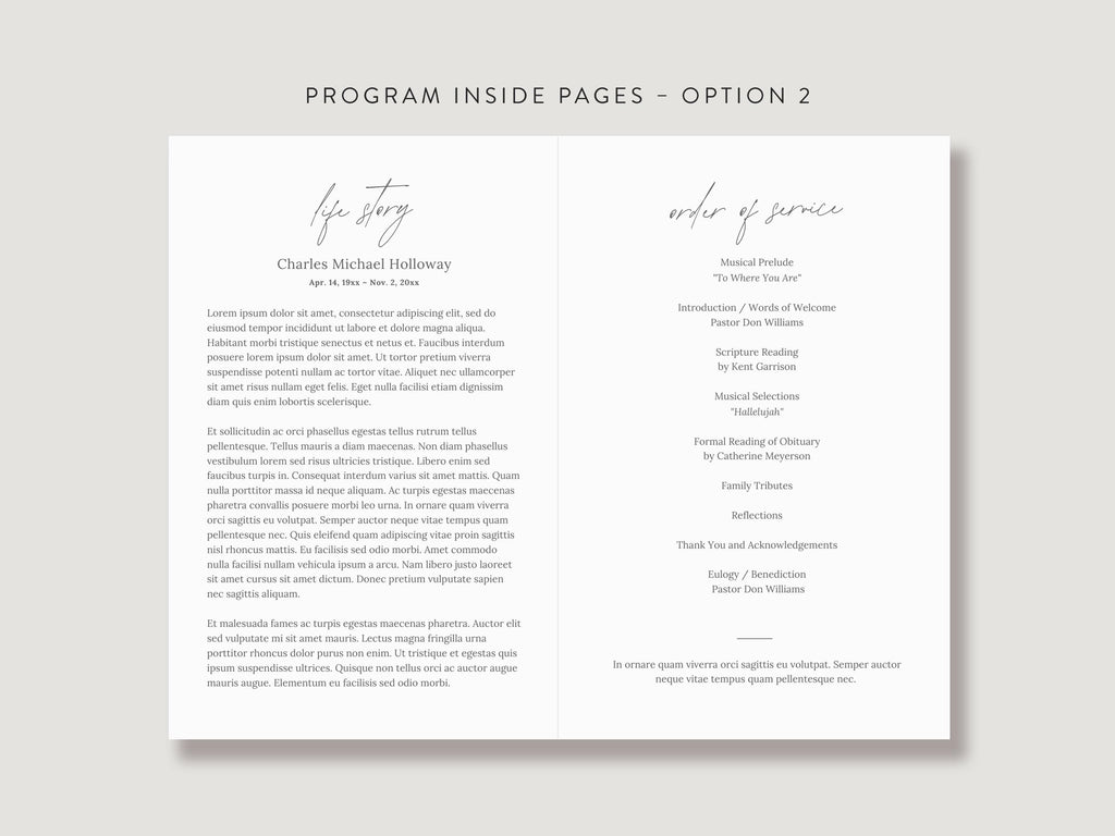 Modern Minimal Memorial Program | Canva Template (Folded 8.5x11 in, A4)