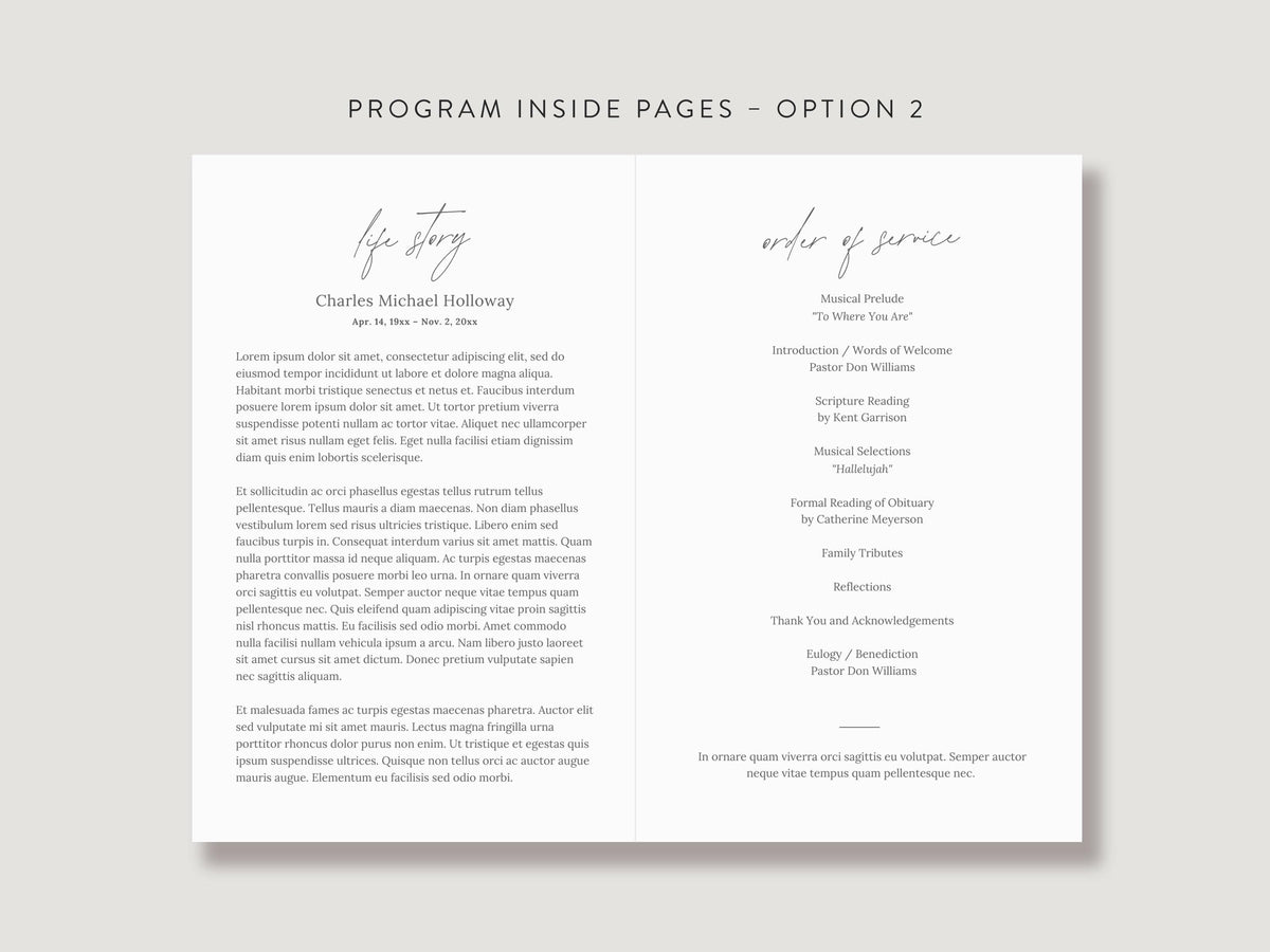 Modern Minimal Memorial Program | Canva Template (Folded 8.5x11 in, A4)