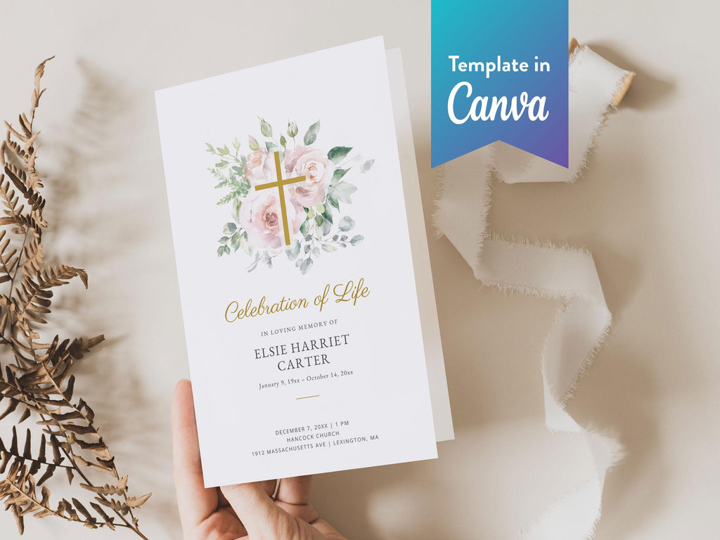 Floral Cross Memorial Program | Canva Template (Folded 8.5x11 in, A4)