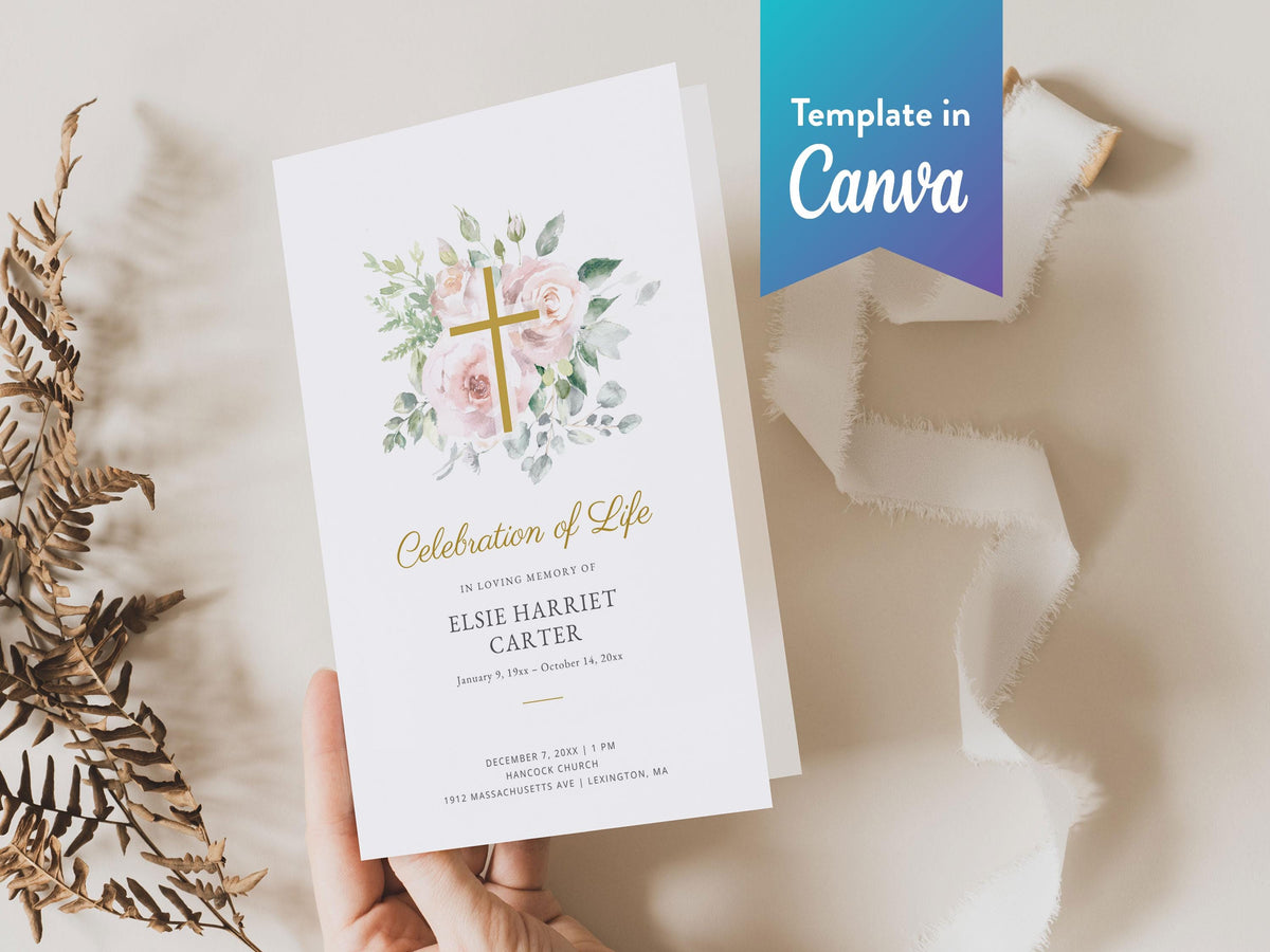 Floral Cross Memorial Program | Canva Template (Folded 8.5x11 in, A4)