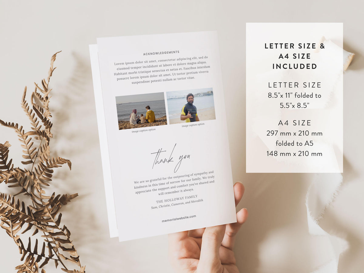 Modern Minimal Memorial Program | Canva Template (Folded 8.5x11 in, A4)