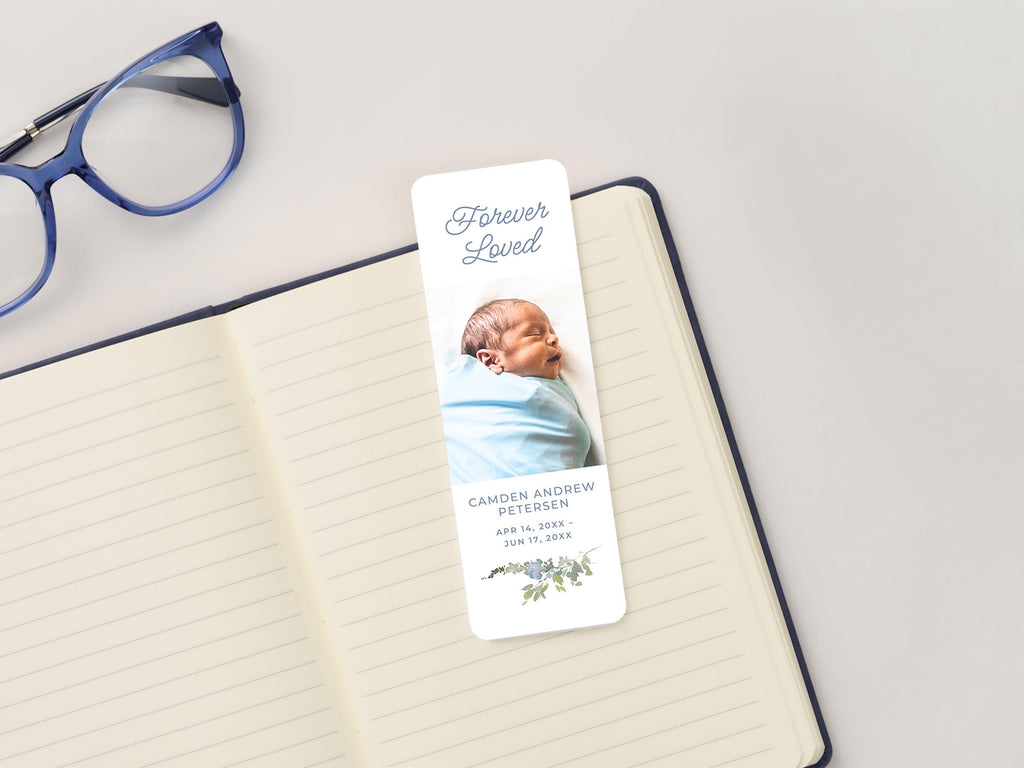 Infant Loss Blue Wildflower Funeral Bookmark | Canva Template (2x6 in)