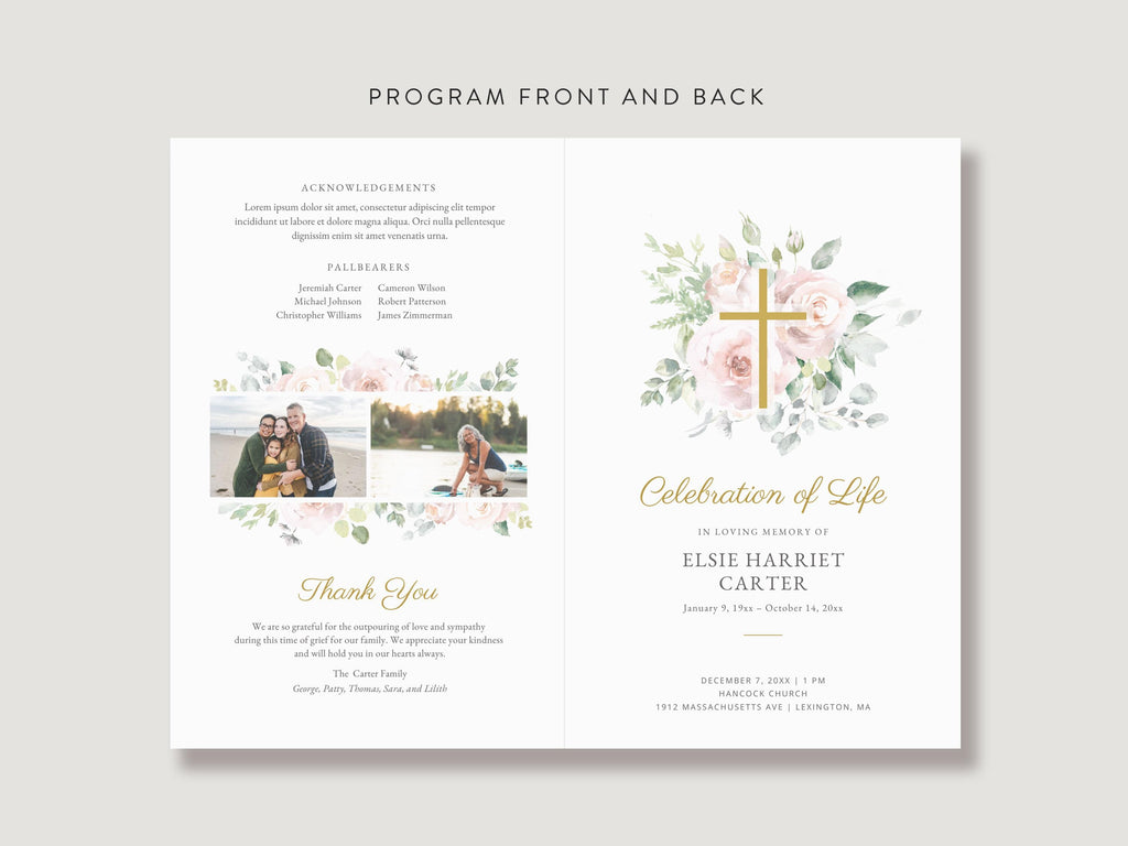 Floral Cross Memorial Program | Canva Template (Folded 8.5x11 in, A4)