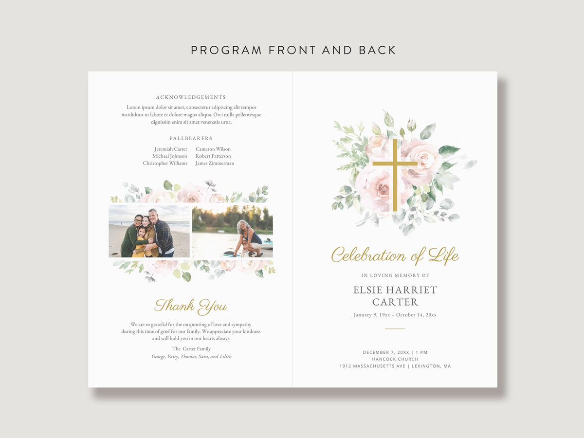 Floral Cross Memorial Program | Canva Template (Folded 8.5x11 in, A4)