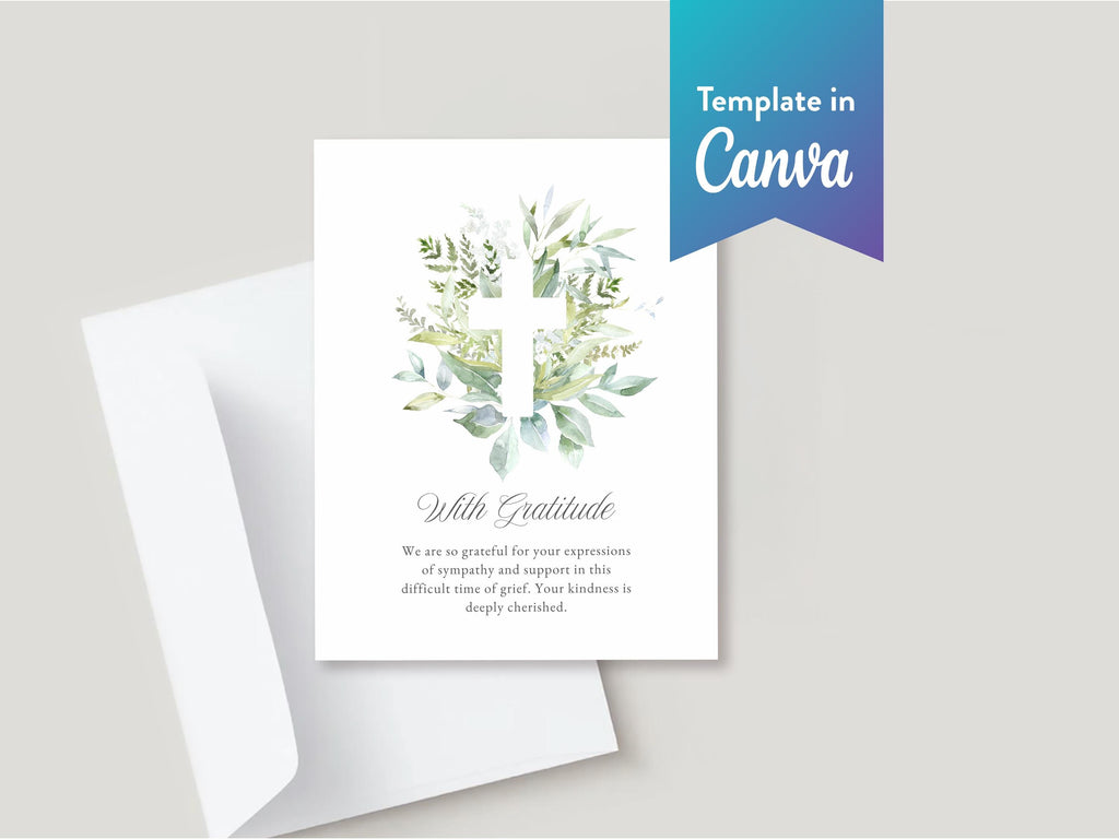 Greenery Cross Memorial Thank You | Canva Template (Flat, 4.25x5.5 in)