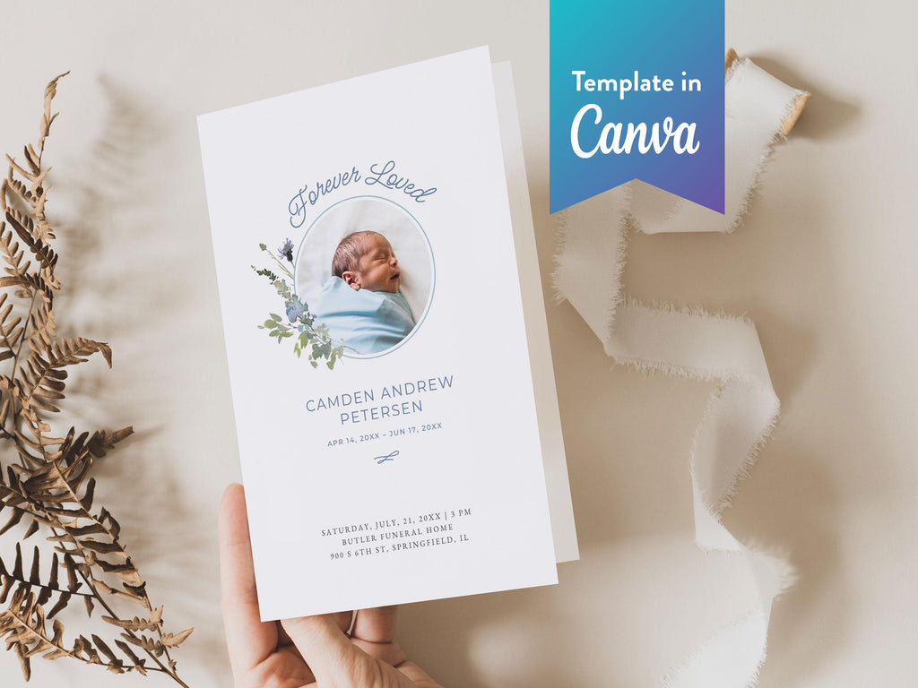 Blue Wildflower Infant Loss Memorial Program | Canva Template (Folded 8.5x11 in, A4)