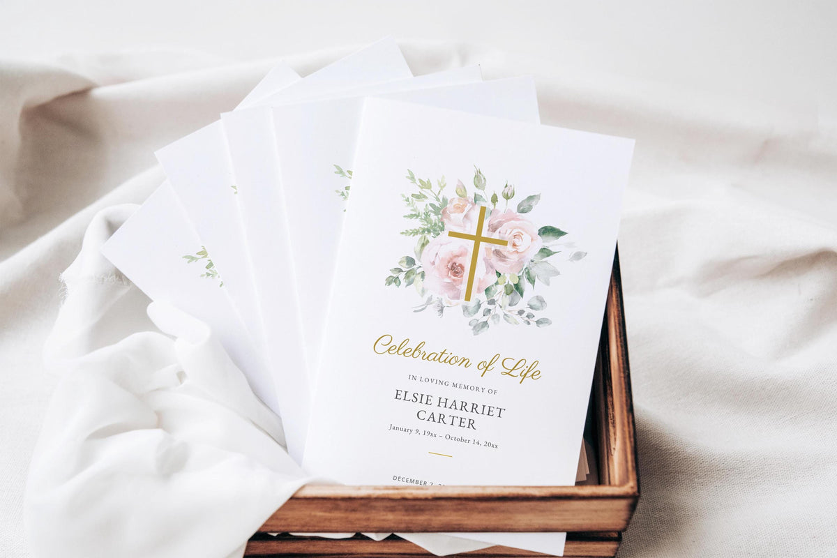 Floral Cross Memorial Program | Canva Template (Folded 8.5x11 in, A4)