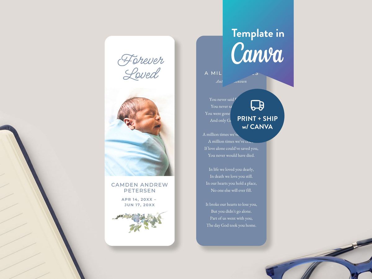 Infant Loss Blue Wildflower Funeral Bookmark | Canva Template (2x6 in)