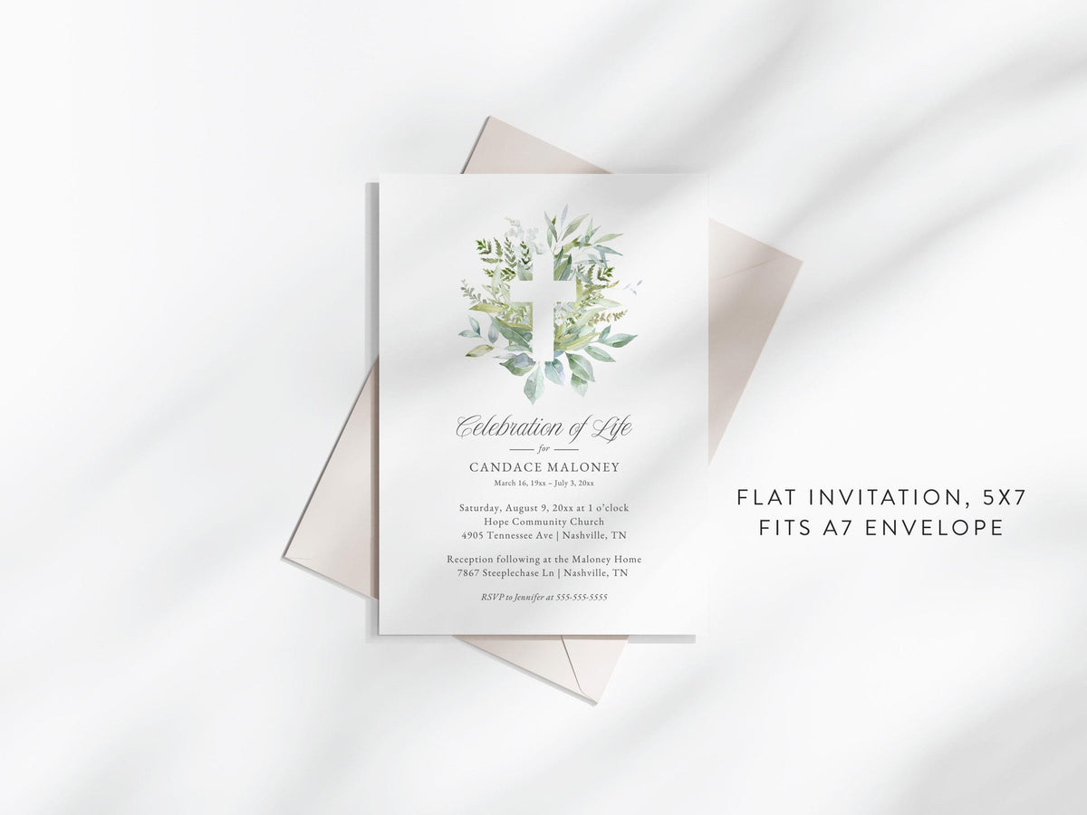 Greenery Cross Memorial Invitation | Canva Template (5x7 in)