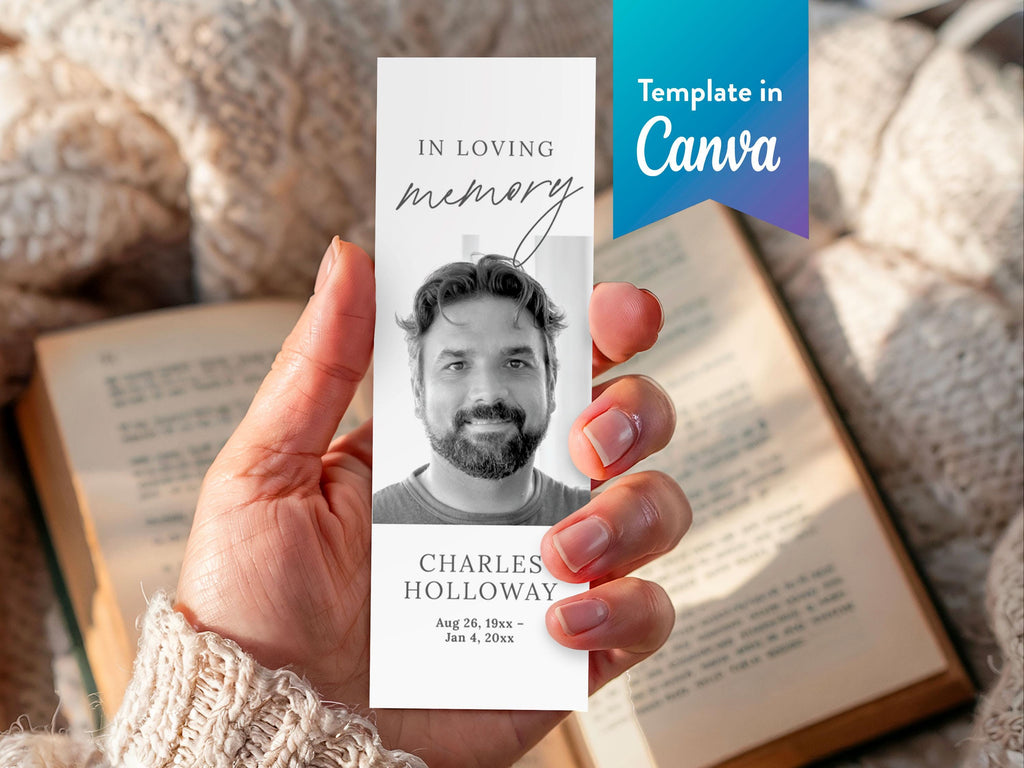 Modern Minimal Funeral Bookmark | Canva Template (2x6 in)