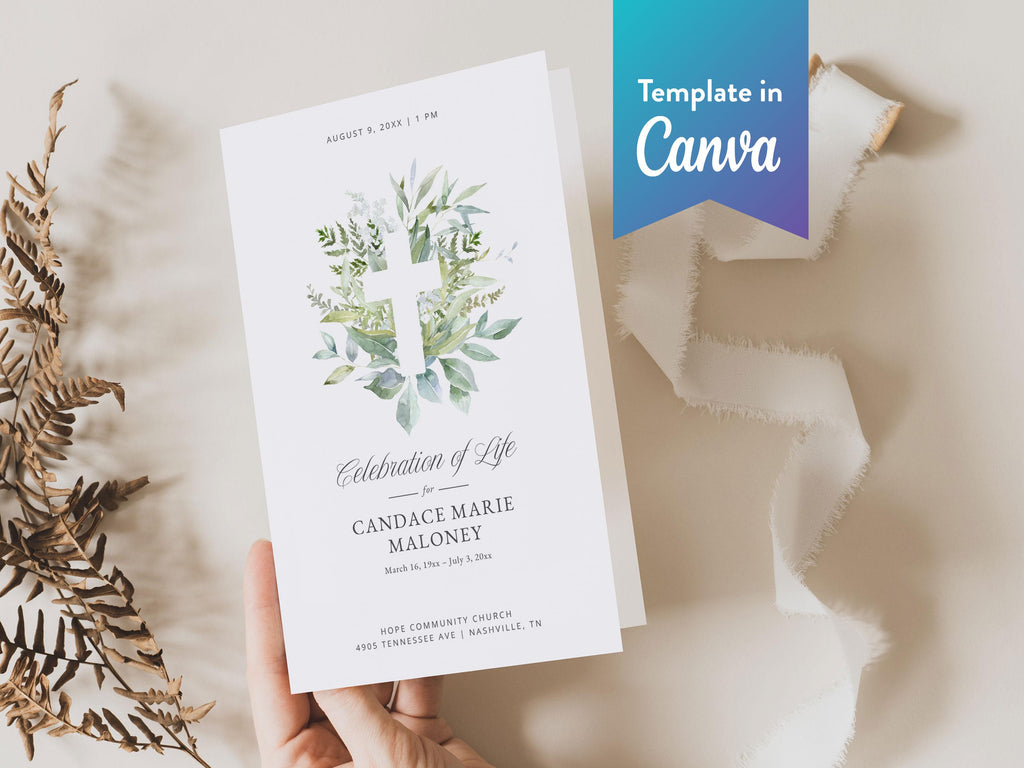 Greenery Cross Memorial Program | Canva Template (Folded 8.5x11 in, A4)