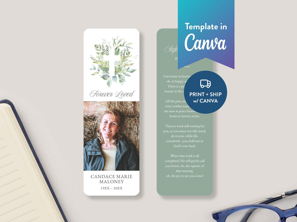 Greenery Cross Funeral Bookmark | Canva Template (2x6 in)