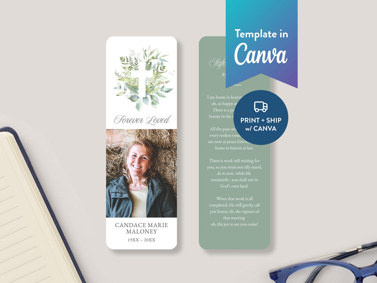Greenery Cross Funeral Bookmark | Canva Template (2x6 in)