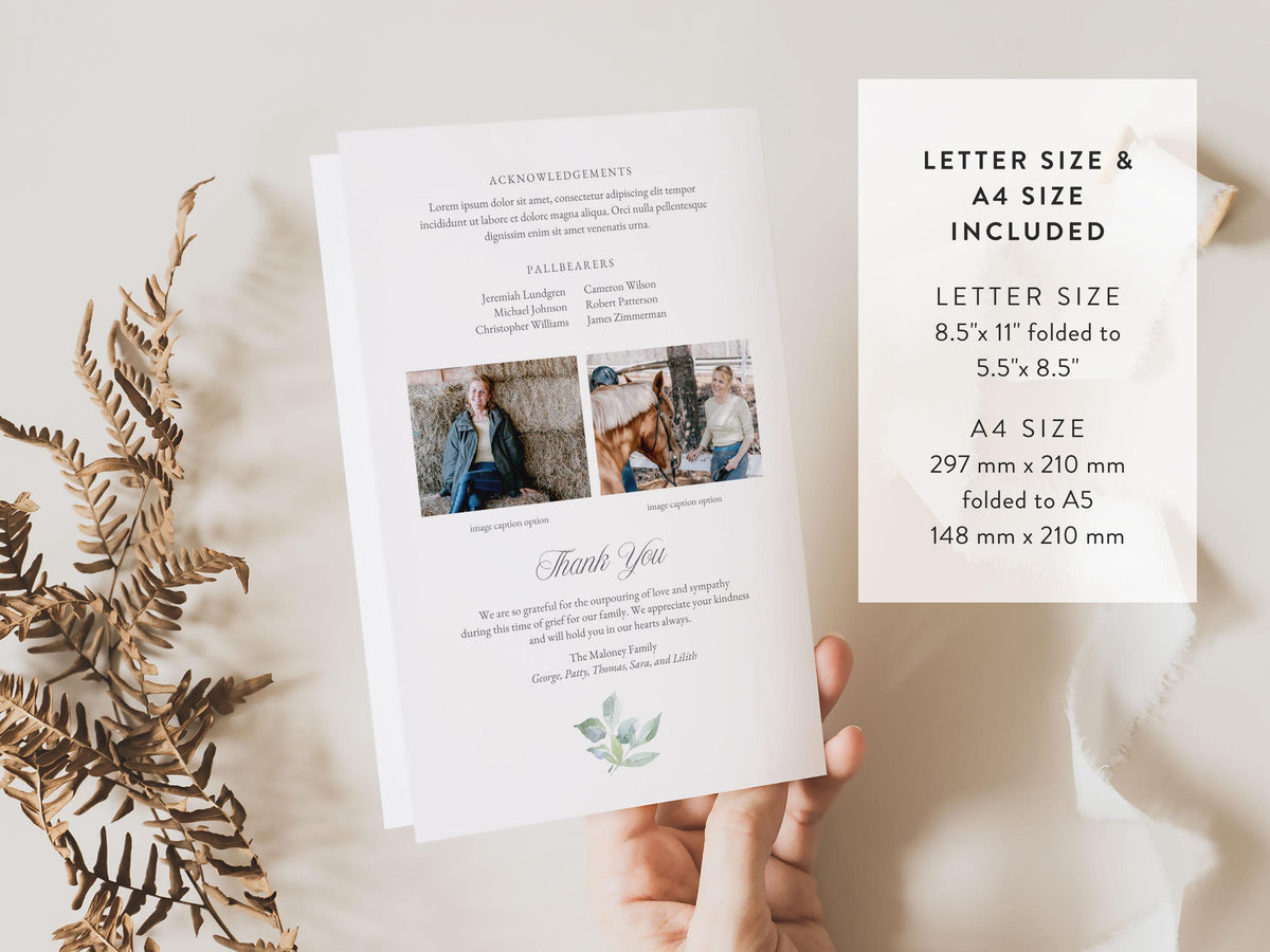 Greenery Cross Memorial Program | Canva Template (Folded 8.5x11 in, A4)