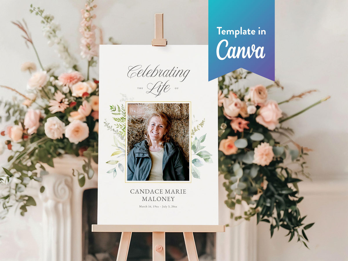 Greenery Cross Large Memorial Welcome Sign | Canva Template (4 Sizes)