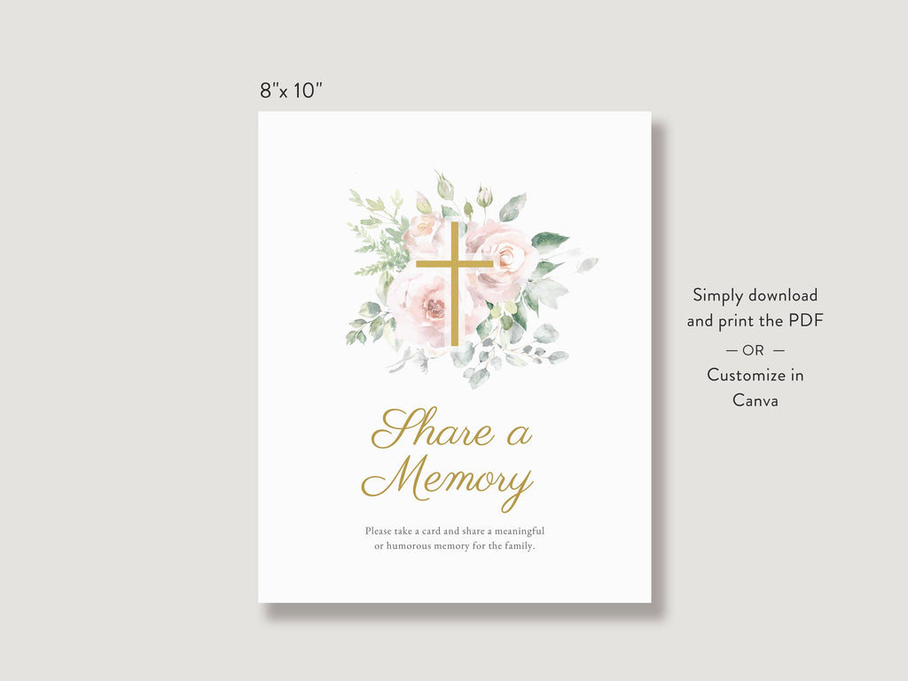 Floral Cross Share a Memory Sign and Card Set | Canva Template (8x10 in, 6x4 in)
