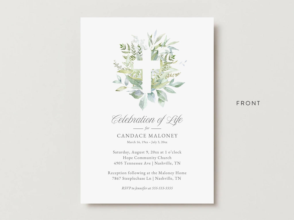 Greenery Cross Memorial Invitation | Canva Template (5x7 in)