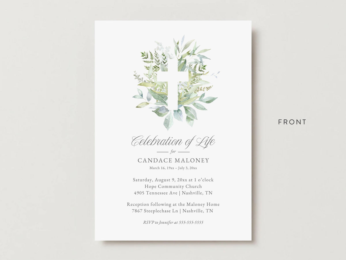 Greenery Cross Memorial Invitation | Canva Template (5x7 in)