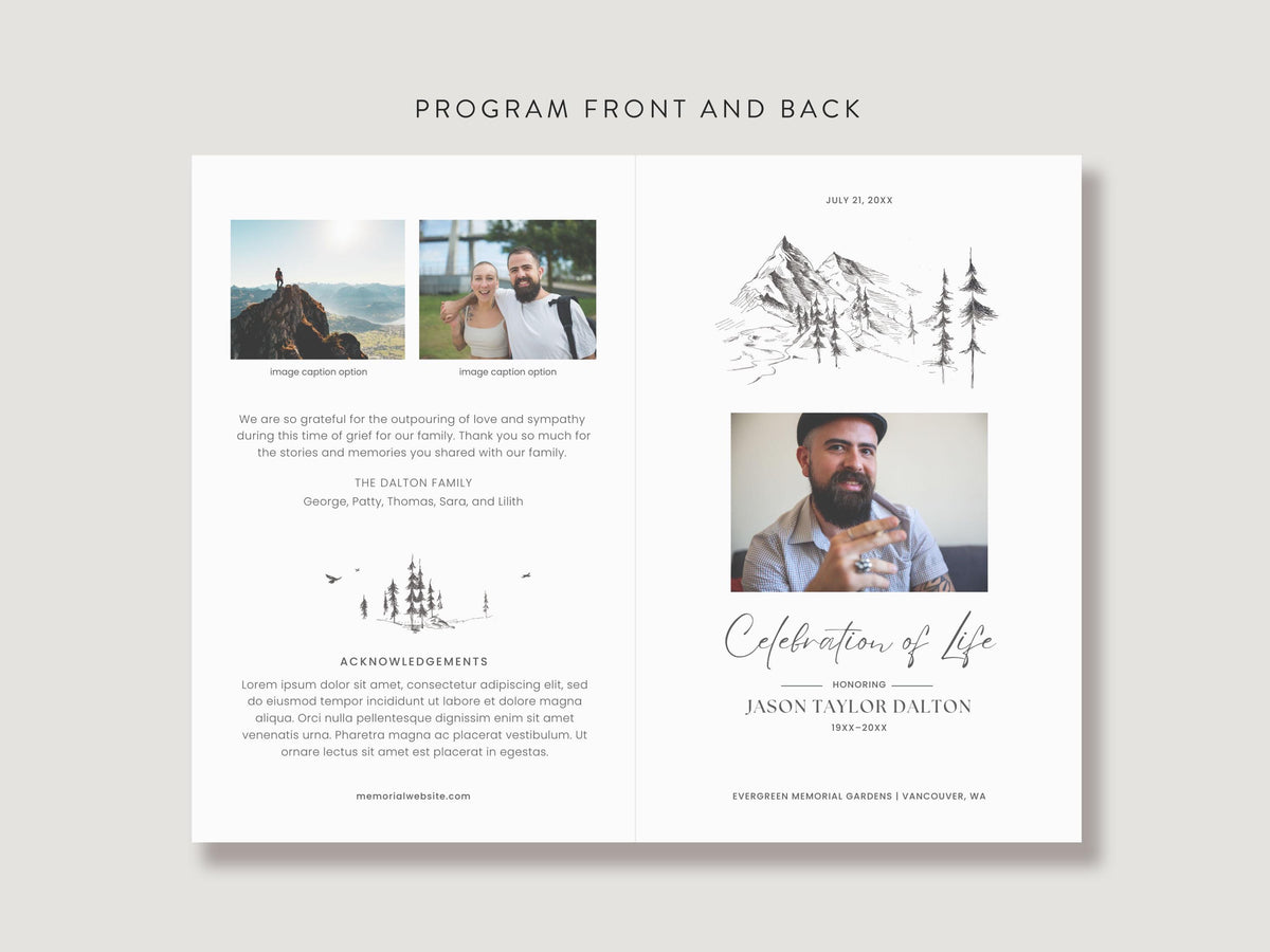 Mountain Sketch Memorial Program | Canva Template (Folded 8.5x11 in, A4)