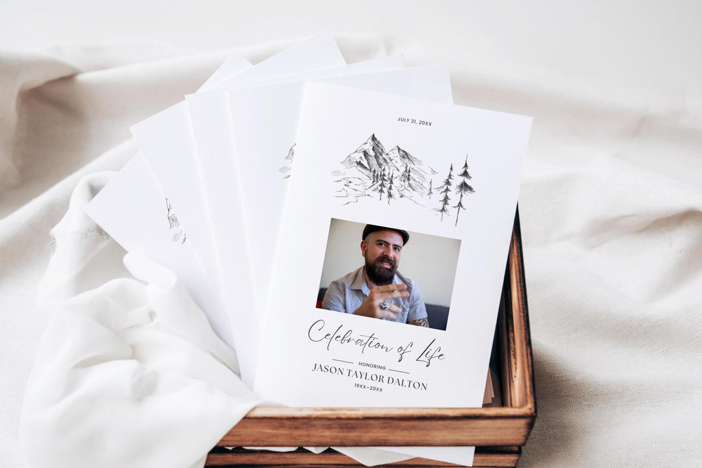 Mountain Sketch Memorial Program | Canva Template (Folded 8.5x11 in, A4)
