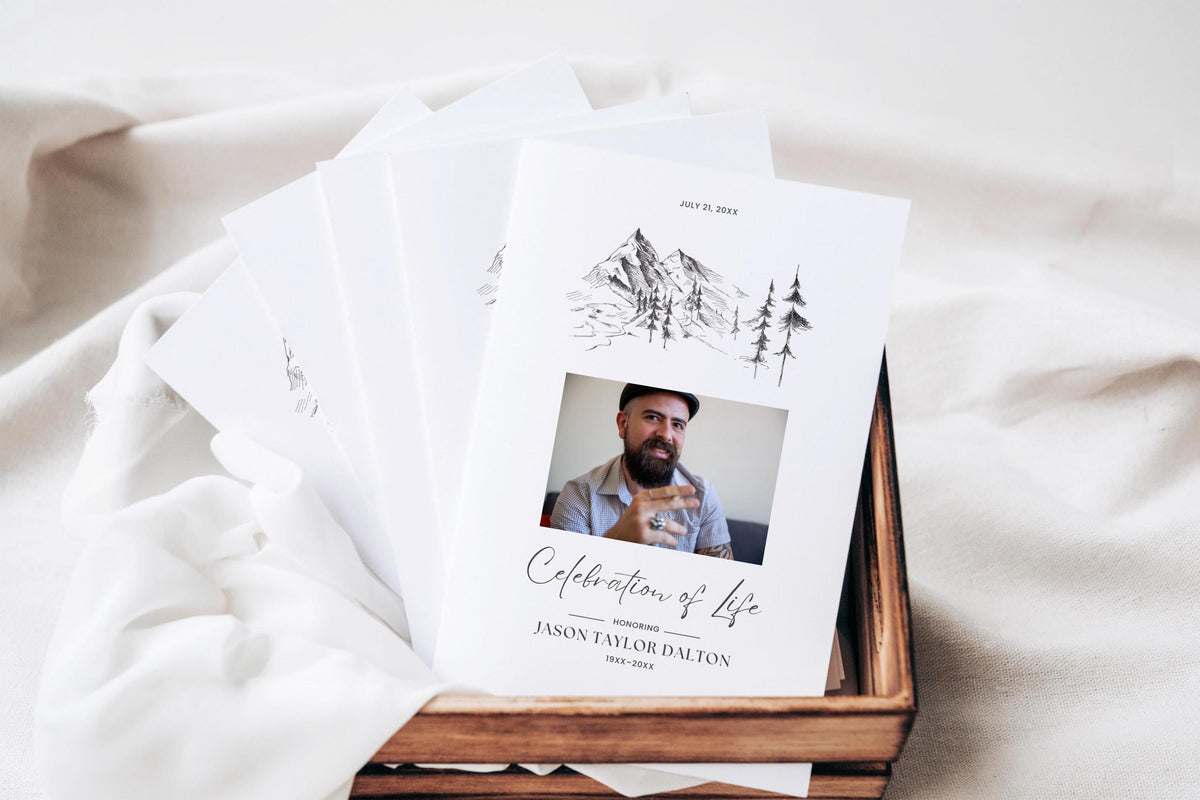 Mountain Sketch Memorial Program | Canva Template (Folded 8.5x11 in, A4)