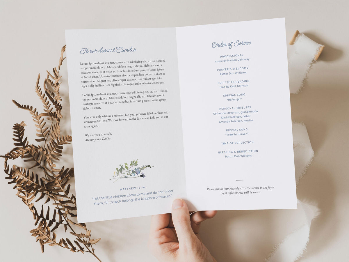 Blue Wildflower Infant Loss Memorial Program | Canva Template (Folded 8.5x11 in, A4)