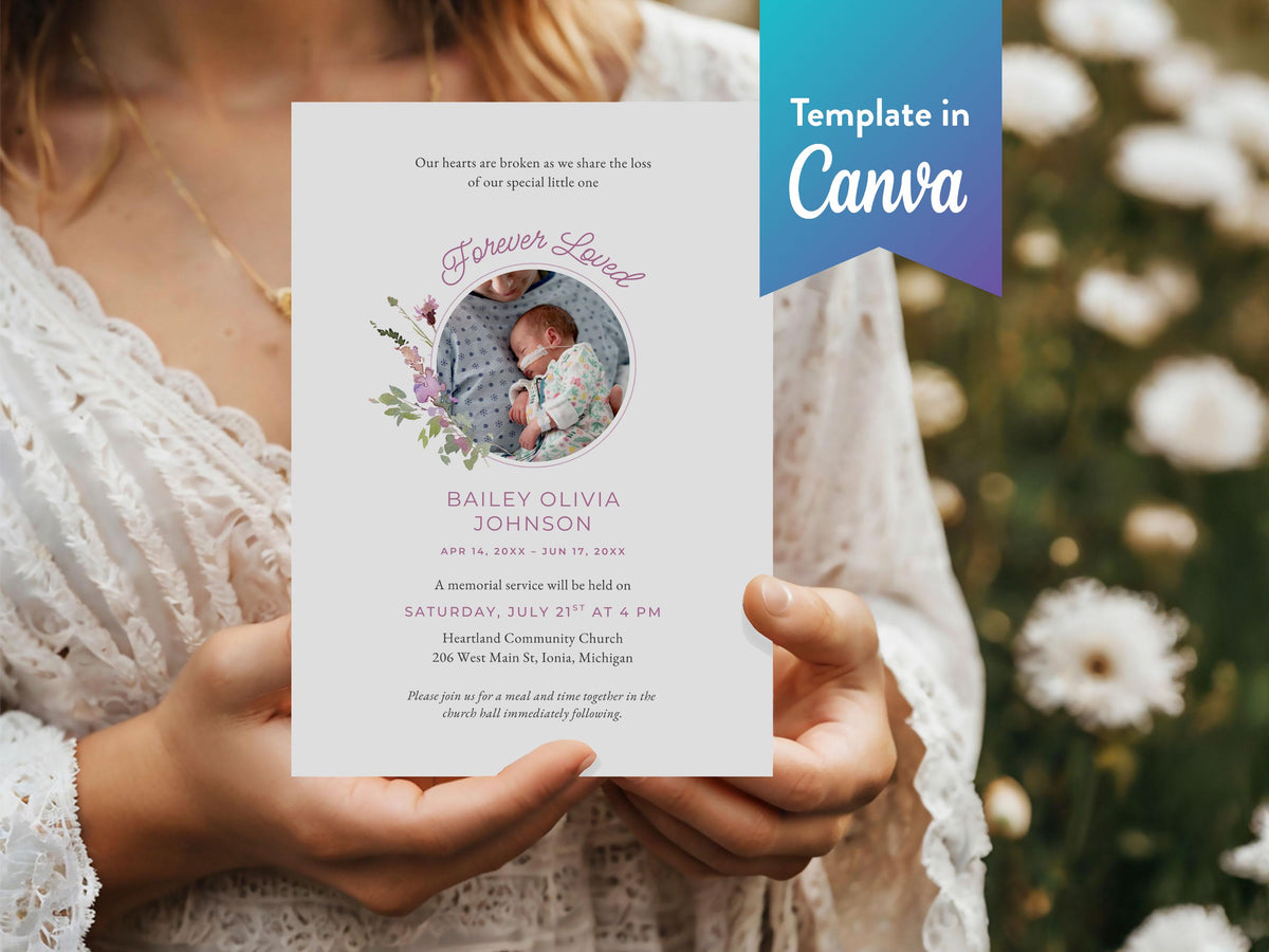 Pink Wildflower Infant Loss Memorial Invitation | Canva Template (5x7 in)