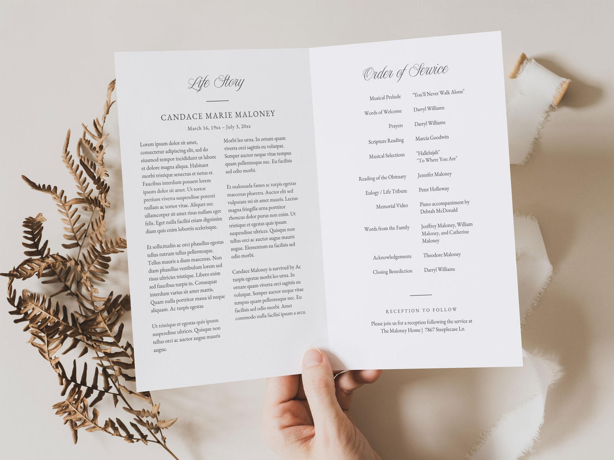 Greenery Cross Memorial Program | Canva Template (Folded 8.5x11 in, A4)
