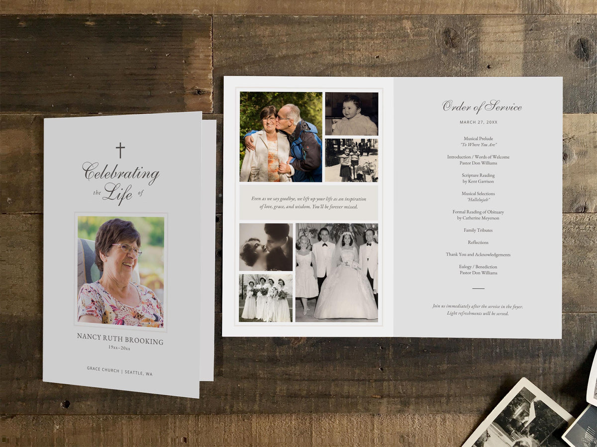 Simple Photo Collage Memorial Program | Canva Template (Folded 8.5x11 in, A4)