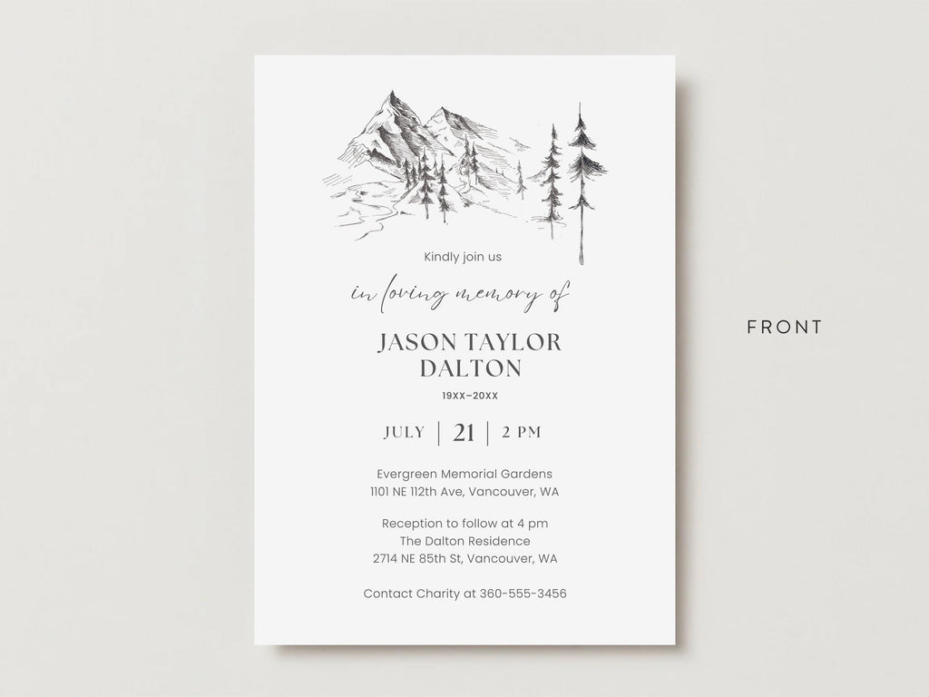 Mountain Sketch Memorial Invitation | Canva Template (5x7 in)