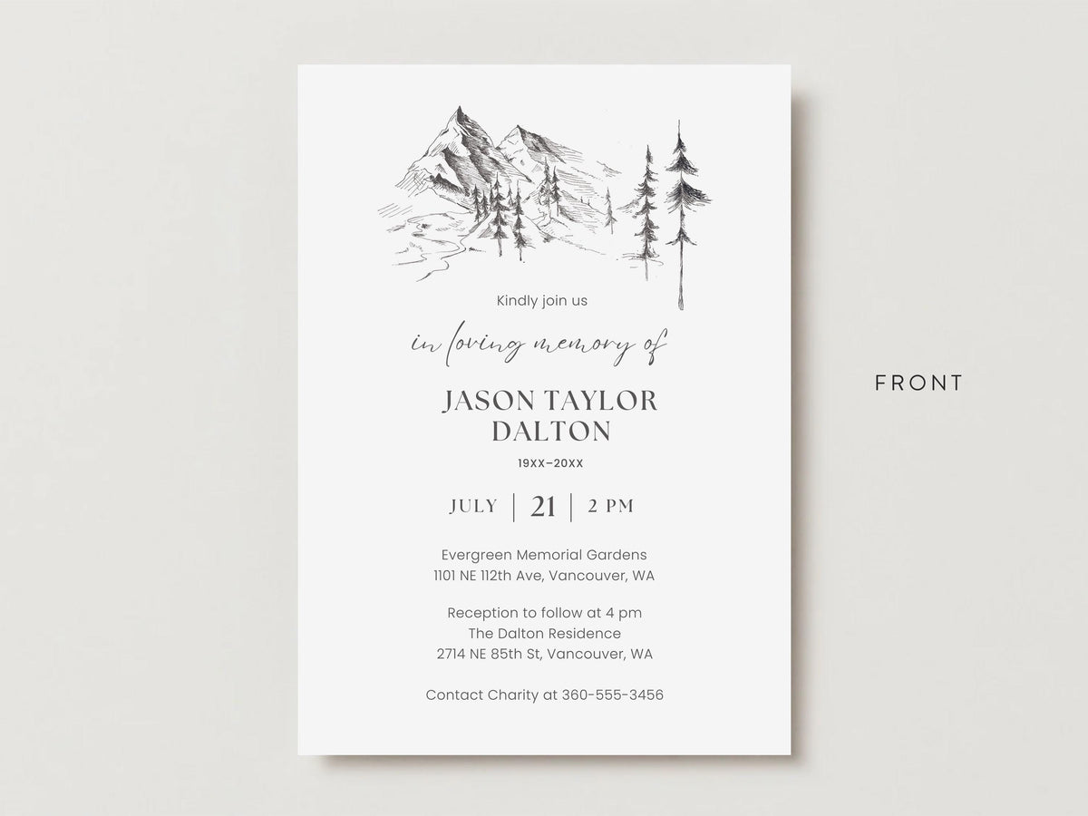 Mountain Sketch Memorial Invitation | Canva Template (5x7 in)