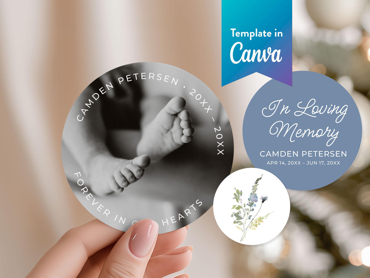 Infant Loss Blue Wildflower Round Favor Stickers | Canva Template (2x2, 3x3, 4x4 in)