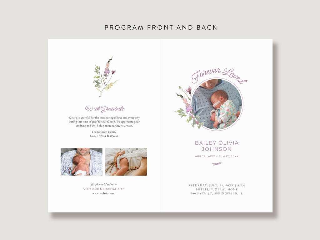 Pink Wildflower Infant Loss Memorial Program | Canva Template (Folded 8.5x11 in, A4)