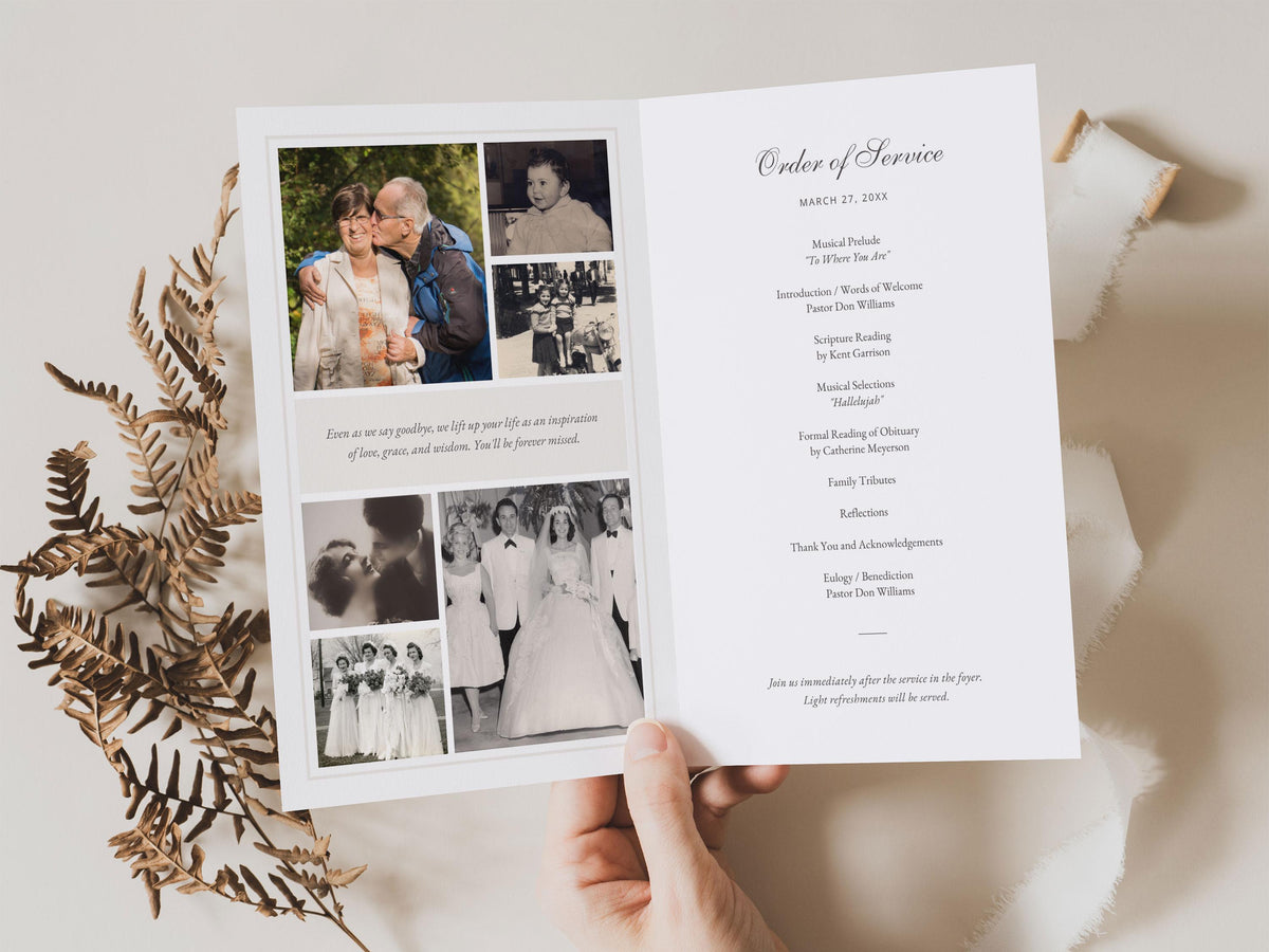 Simple Photo Collage Memorial Program | Canva Template (Folded 8.5x11 in, A4)