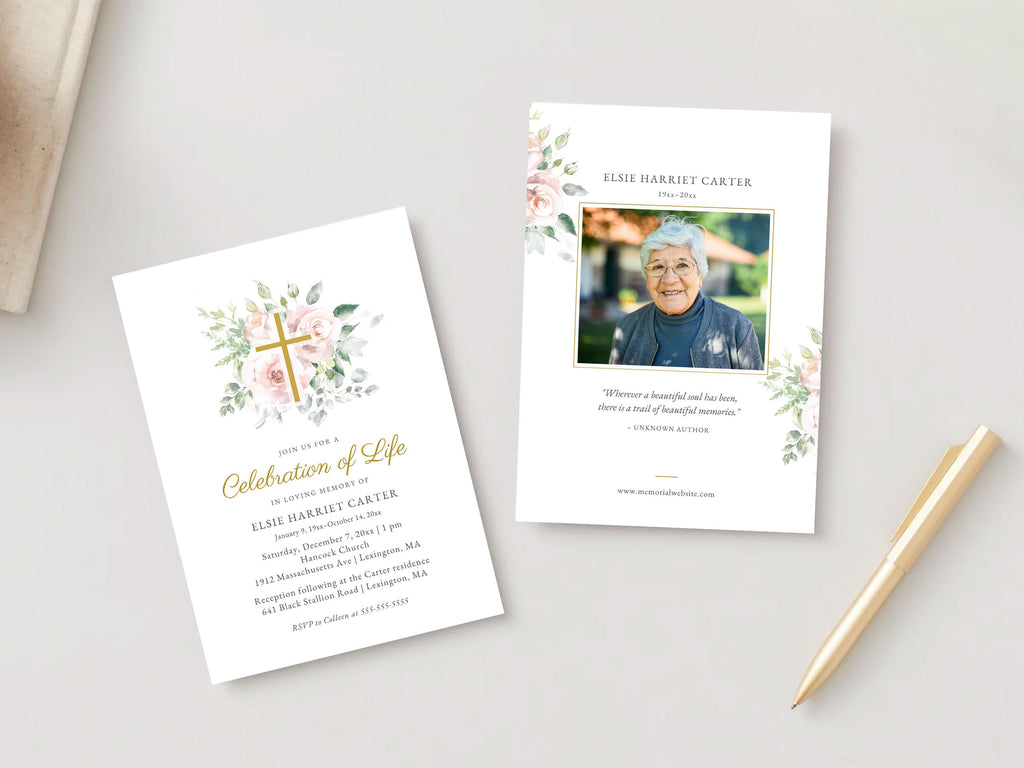 Floral Cross Memorial Invitation | Canva Template (5x7 in)