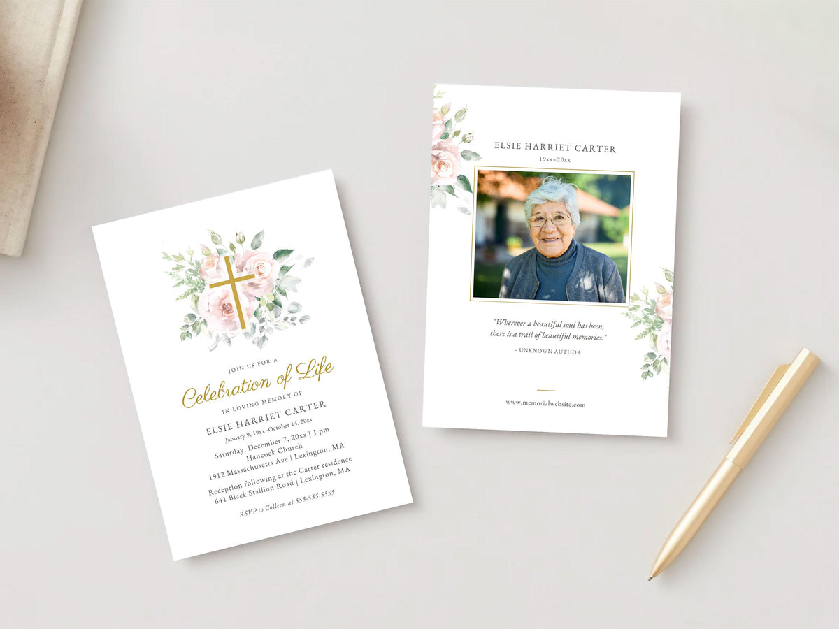 Floral Cross Memorial Invitation | Canva Template (5x7 in)
