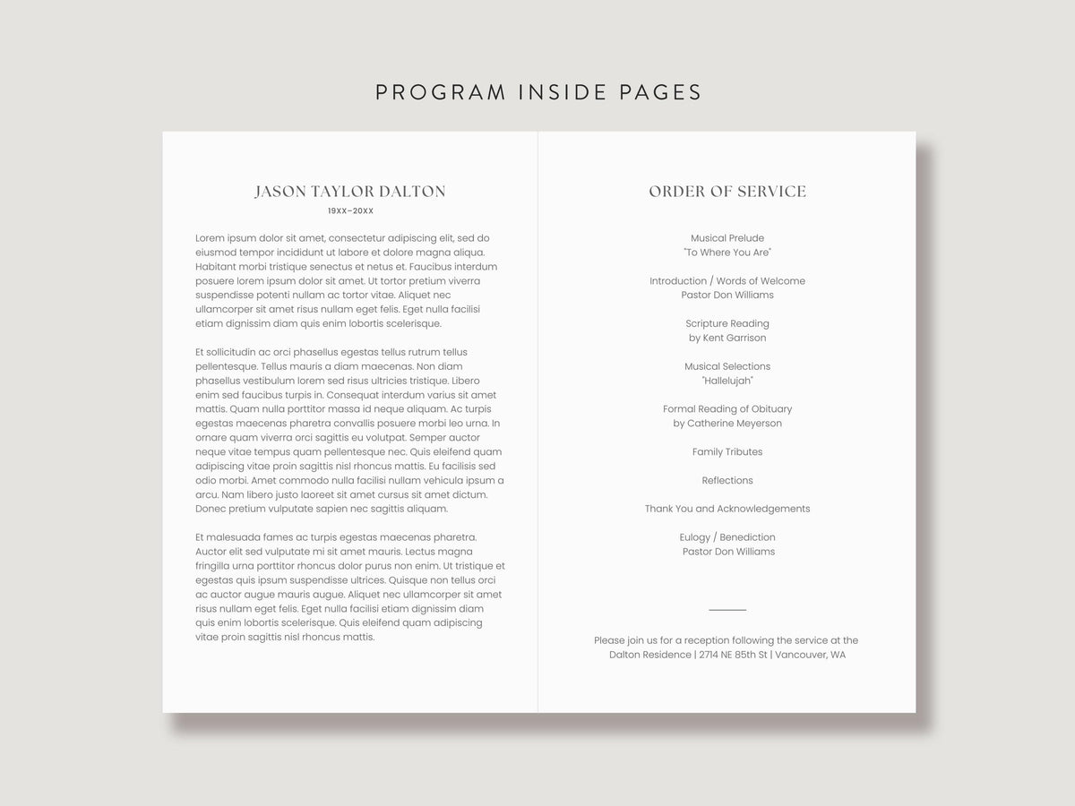 Mountain Sketch Memorial Program | Canva Template (Folded 8.5x11 in, A4)