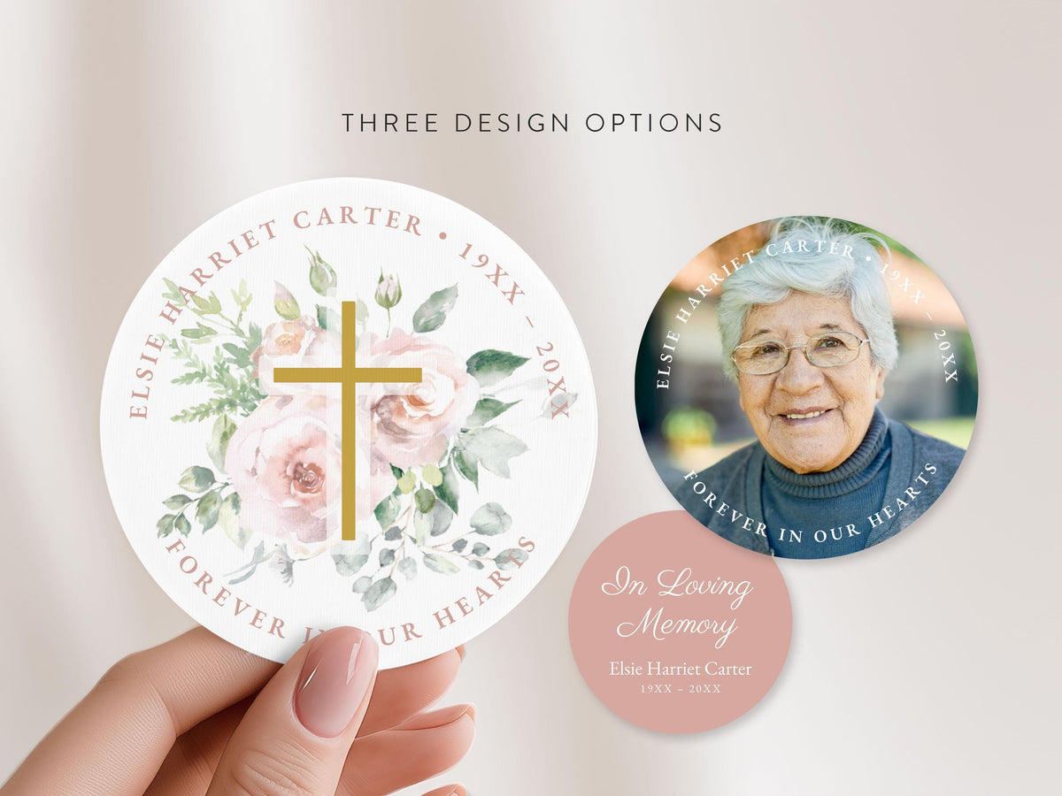 Floral Cross Round Favor Stickers | Canva Template (2x2, 3x3, 4x4 in)