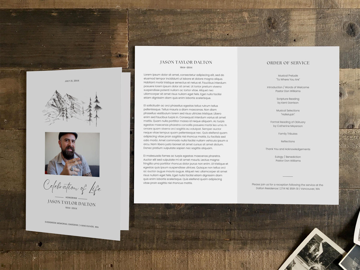 Mountain Sketch Memorial Program | Canva Template (Folded 8.5x11 in, A4)