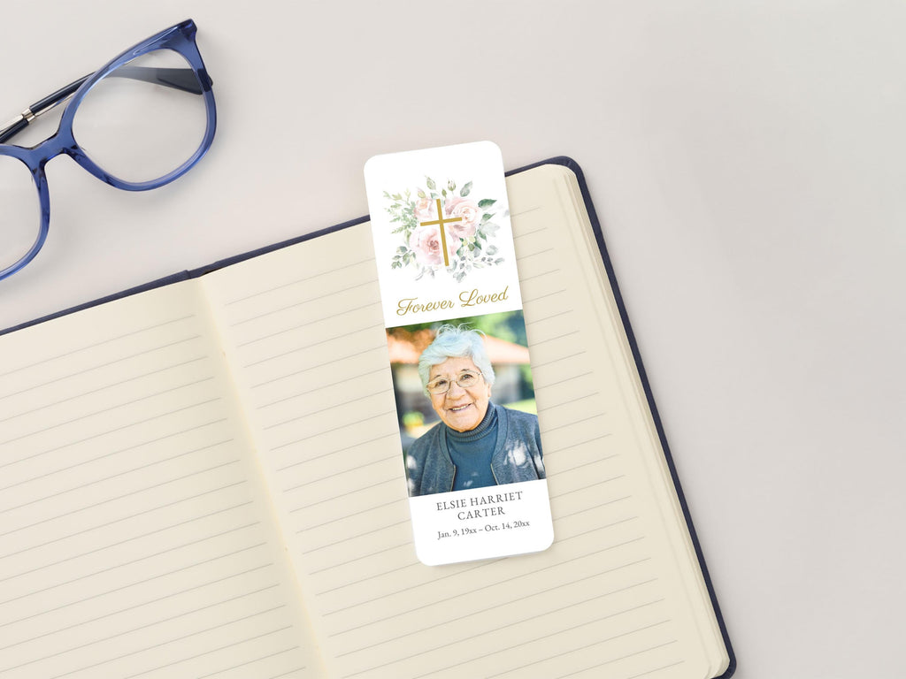 Floral Cross Funeral Bookmark | Canva Template (2x6 in)
