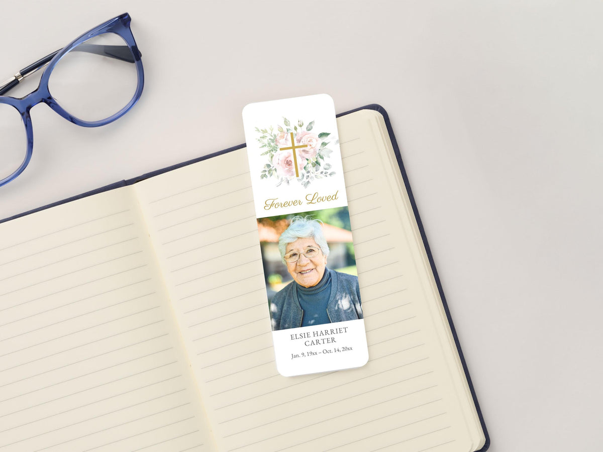 Floral Cross Funeral Bookmark | Canva Template (2x6 in)