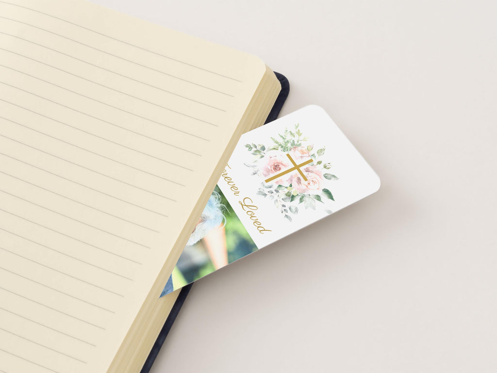 Floral Cross Funeral Bookmark | Canva Template (2x6 in)