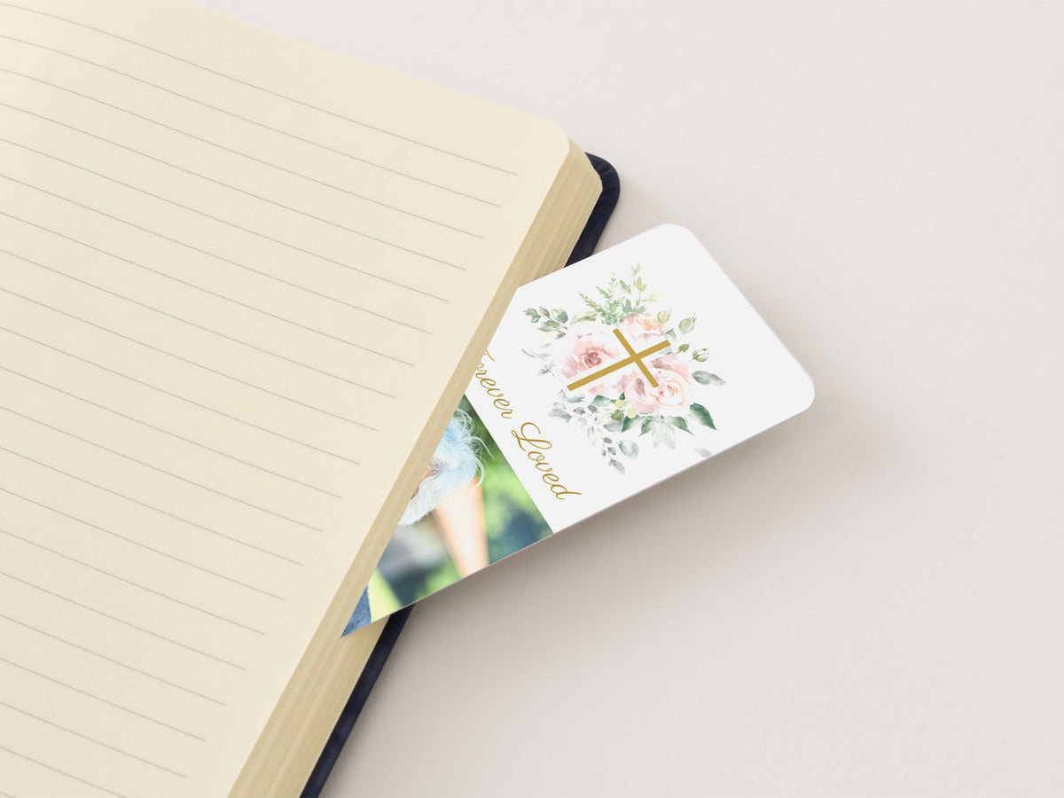 Floral Cross Funeral Bookmark | Canva Template (2x6 in)
