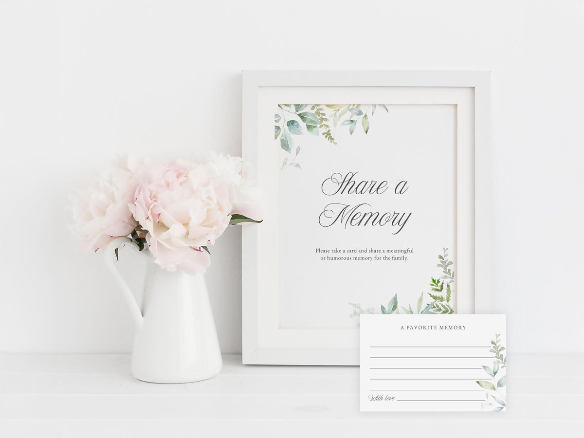 Greenery Share a Memory Sign and Card Set | Canva Template (8x10 in, 6x4 in)
