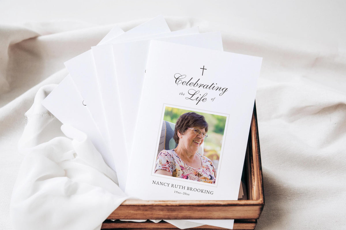 Simple Photo Collage Memorial Program | Canva Template (Folded 8.5x11 in, A4)