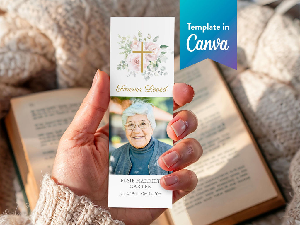 Floral Cross Funeral Bookmark | Canva Template (2x6 in)